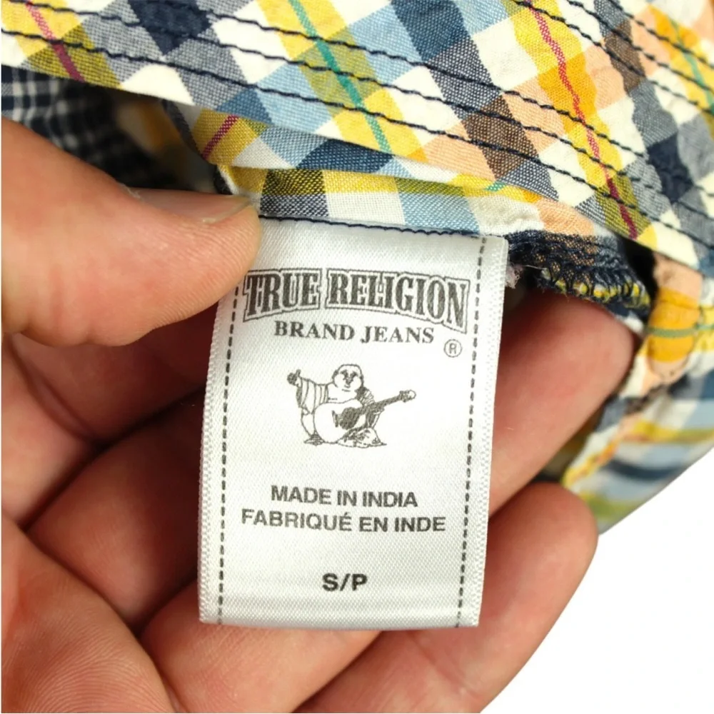 True Religion Men Western Plaid Pearl Snap Short Sleeve Shirt size S Yellow